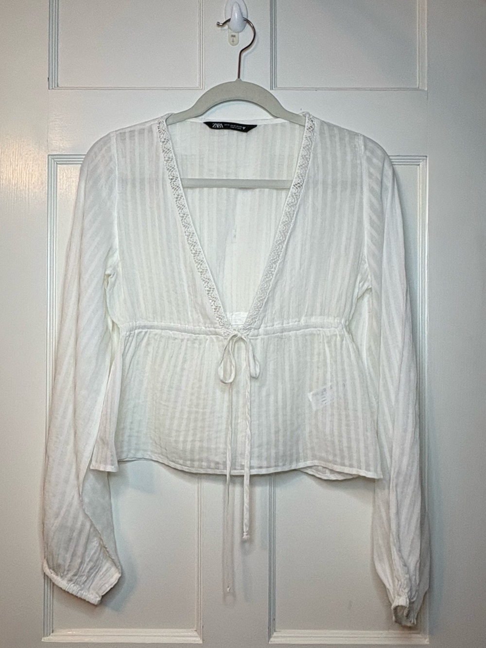 Zara White V-Neck Peasant Blouse